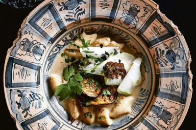 Gnocchi on roasted aubergine and pear purée