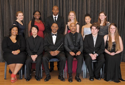 Cape Town - 22 July 2016 - Young musicians who will be performing with the CTPO at the Artscape as part of its annual Youth Music Festival. Seated L-R:  Nombulelo Yende (25; soprano); Kevin (Gu-Min) Kim (21; piano); Brandon Phillips conductor of the CTPO; Ntando Ngcume (22; baritone); Cameron Williams (19; saxophone); Bronwyn van Wieringen (21; piano); Back: LeOui Rendsburg (22, soprano); Abongile Fumba (26; Mezzo Soprano);  Ongama Mhlontlo (20; tenor);   Bronwyn van Wieringen (21; piano);  Ah-Young Moon (13; Piano)  and Amber De Decker (16, violin)